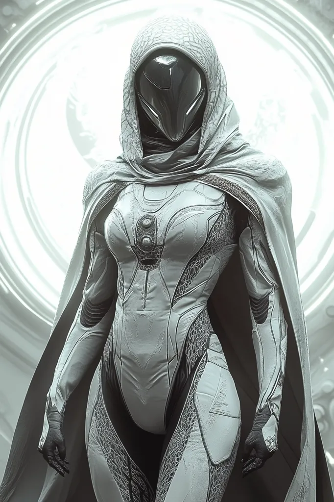 A grayscale image depicts a female figure in futuristic, form-fitting armor.  The armor is predominantly white with dark gray detailing, and she wears a large, hooded cloak.  Her helmet is sleek and partially obscures her face.  The background is a blurred, bright white circular design, suggesting a futuristic or mystical setting. The overall aesthetic is sleek, powerful, and mysterious.