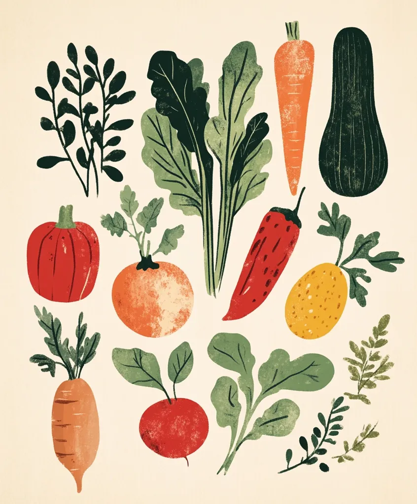 A colorful illustration showcases a variety of fresh vegetables.  Included are carrots, a zucchini, a red pepper, a pumpkin, beets, turnips, and various leafy greens.  The vegetables are depicted in a stylized, textured manner, giving a hand-painted appearance. The overall style is whimsical and evokes a feeling of a bountiful harvest.