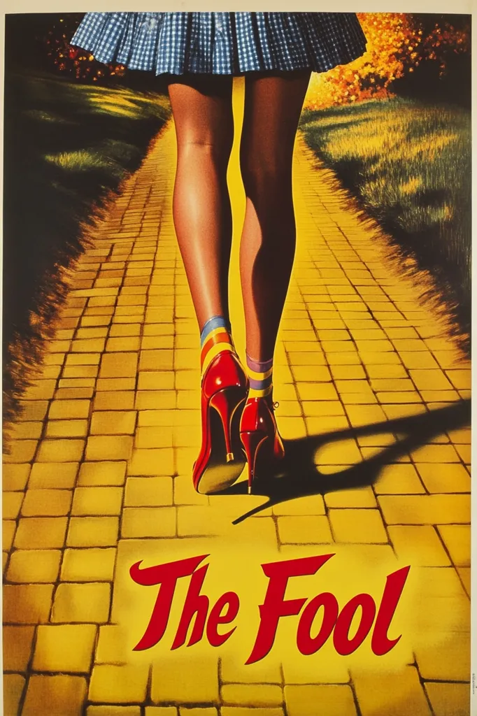 A poster for the film "The Fool" depicts a woman's legs and red shoes walking down a yellow brick road.  She wears a blue gingham dress and colorful striped socks. The style is reminiscent of classic Hollywood movie posters, with bold colors and a stylized depiction. The title "The Fool" is prominently displayed on the yellow bricks. The image evokes a sense of journey and mystery.