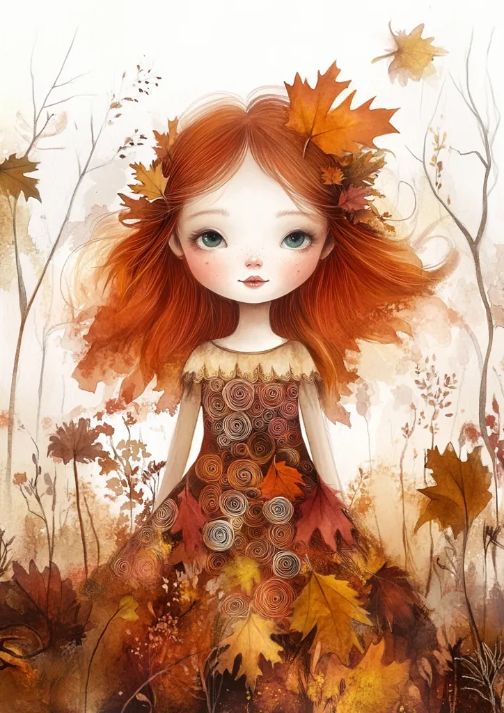 A whimsical illustration of a girl with long, flowing auburn hair adorned with autumn leaves.  She wears a dress crafted from swirling autumnal hues and leaves, blending seamlessly with the surrounding fall foliage.  The soft watercolor style creates a dreamy, ethereal atmosphere, evoking the beauty and tranquility of autumn.  Her large, expressive eyes convey a sense of gentle wonder.