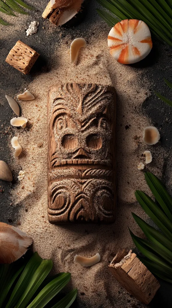 A carved wooden tiki mask rests on light brown sand, surrounded by pieces of driftwood, coconut shells, and tropical leaves.  A circular confection, possibly a cookie, adds a touch of color. The overall scene evokes a tropical, possibly beach-themed, aesthetic. The dark background enhances the warm tones of the sand and wood.
