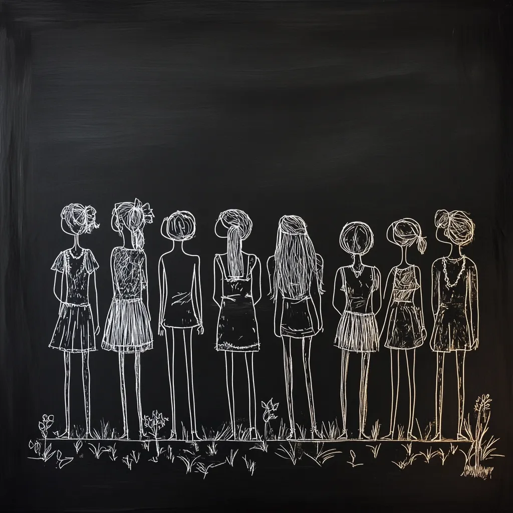 A chalk drawing on a blackboard depicts eight girls standing in a row, facing away from the viewer.  They are sketched simply, in white, wearing various dresses and hairstyles.  Small, simple details like grass and flowers are at their feet.  The background is a dark, textured chalkboard surface.  The overall style is childlike and whimsical.
