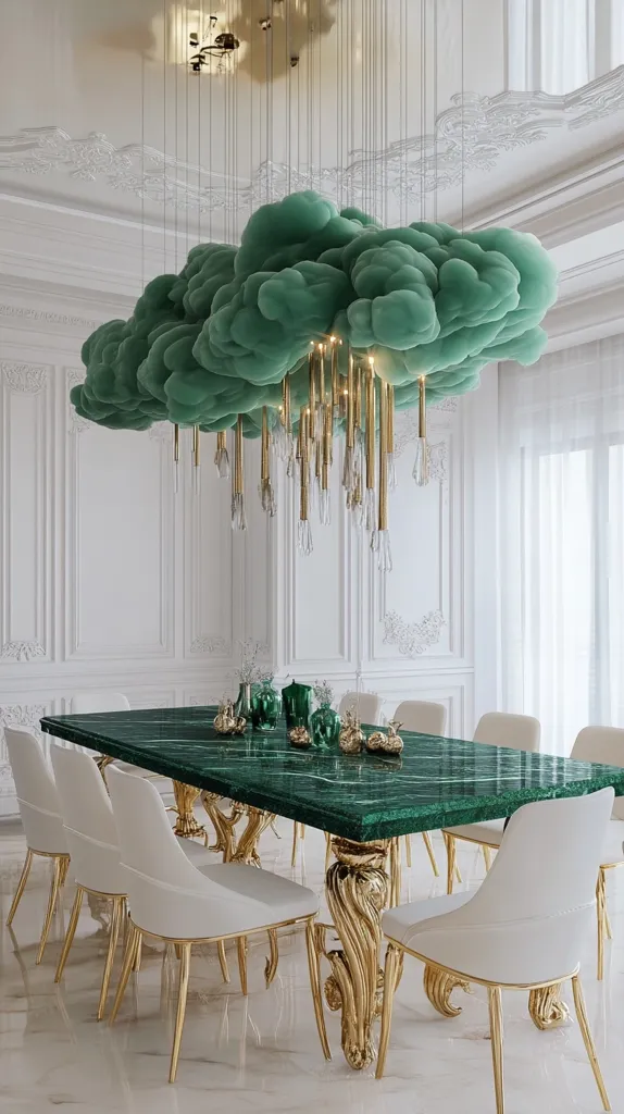 A stunning dining room features a large, rectangular malachite green table with ornate gold legs.  Surrounding it are elegant white chairs with gold legs. Above, a dramatic chandelier is the centerpiece: a cloud-shaped fixture in teal green, from which hang numerous crystal and gold droplets, creating a captivating "rain" effect. The room's white walls and molding provide a sophisticated backdrop.