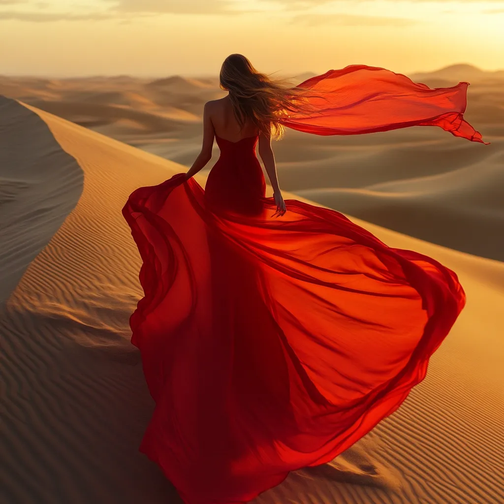 A woman with long blonde hair walks across a sandy desert dune at sunset.  She wears a flowing, vibrant red gown that billows dramatically behind her, creating a striking contrast against the golden sand.  The scene evokes a sense of freedom and ethereal beauty. The long, elegant train of the dress is caught by the wind, adding to the dynamism of the image.