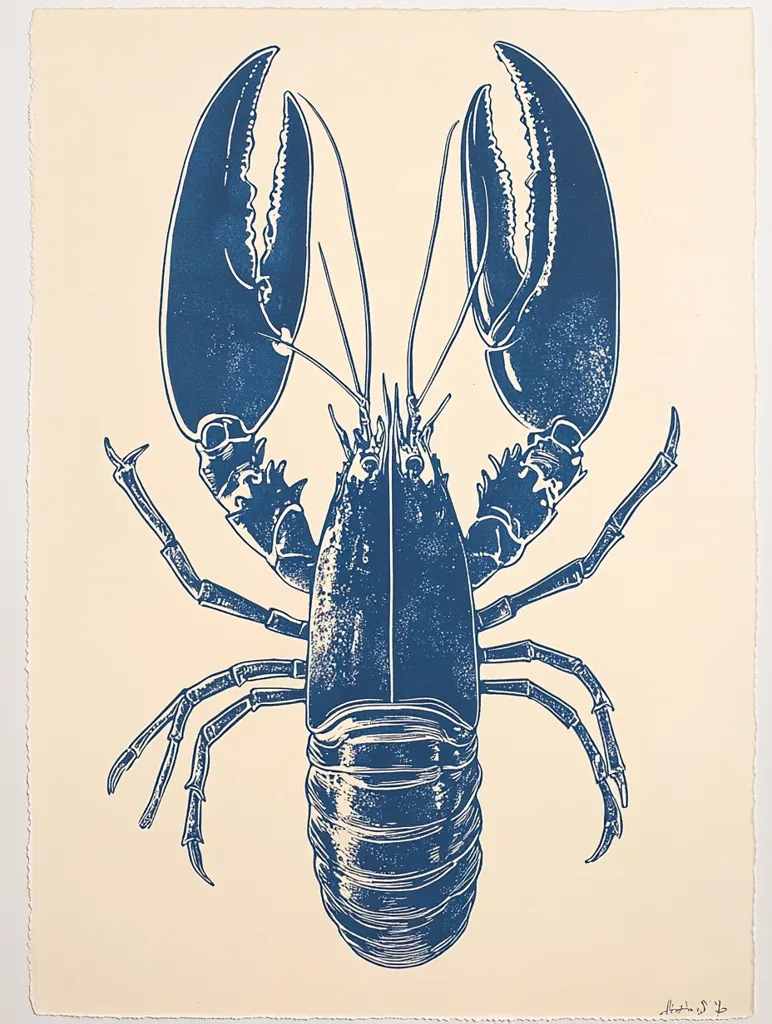 A detailed blue illustration of a lobster is presented against a cream-colored background.  The lobster is depicted in a top-down view, showcasing its powerful claws and segmented body.  The style suggests a vintage print or linocut, with visible texture in the blue ink. The image is clean and visually striking.