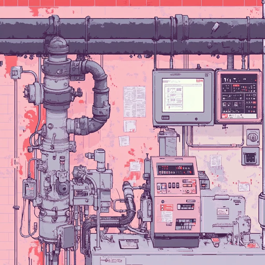 A detailed illustration depicts a section of a pastel-pink industrial room.  Dominating the scene is a complex array of machinery, including large pipes, a central cylindrical apparatus, and control panels.  Various gauges, monitors displaying technical data, and wiring are intricately depicted.  The wall shows signs of wear and is adorned with numerous papers and notes, suggesting a busy and possibly scientific or technological workspace.  The overall style is meticulously detailed, with a retro-futuristic aesthetic.