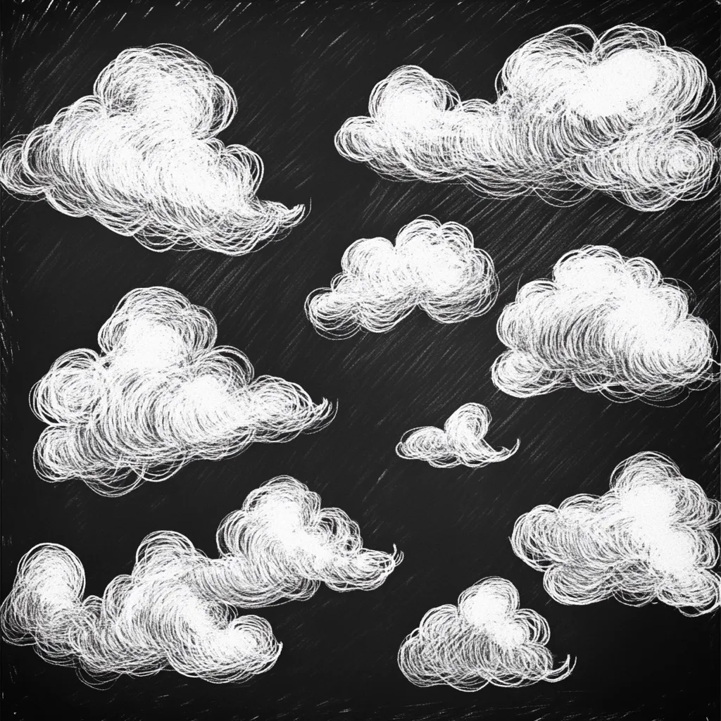 A chalkboard-style illustration features multiple hand-drawn clouds in white chalk.  The clouds vary in size and shape, creating a whimsical, textured effect against the dark background.  The style suggests a childlike drawing or a simple, artistic representation of a cloudy sky. The texture is rough, mimicking the feel of actual chalk on a blackboard.