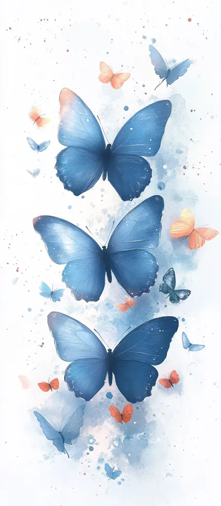 A watercolor painting depicts a vertical arrangement of three large, pale blue butterflies, descending from top to bottom.  Smaller butterflies in shades of blue and peach are scattered around them, creating a whimsical, ethereal feel.  The background is a soft, light blue with watercolor washes and splatters, enhancing the dreamy atmosphere.