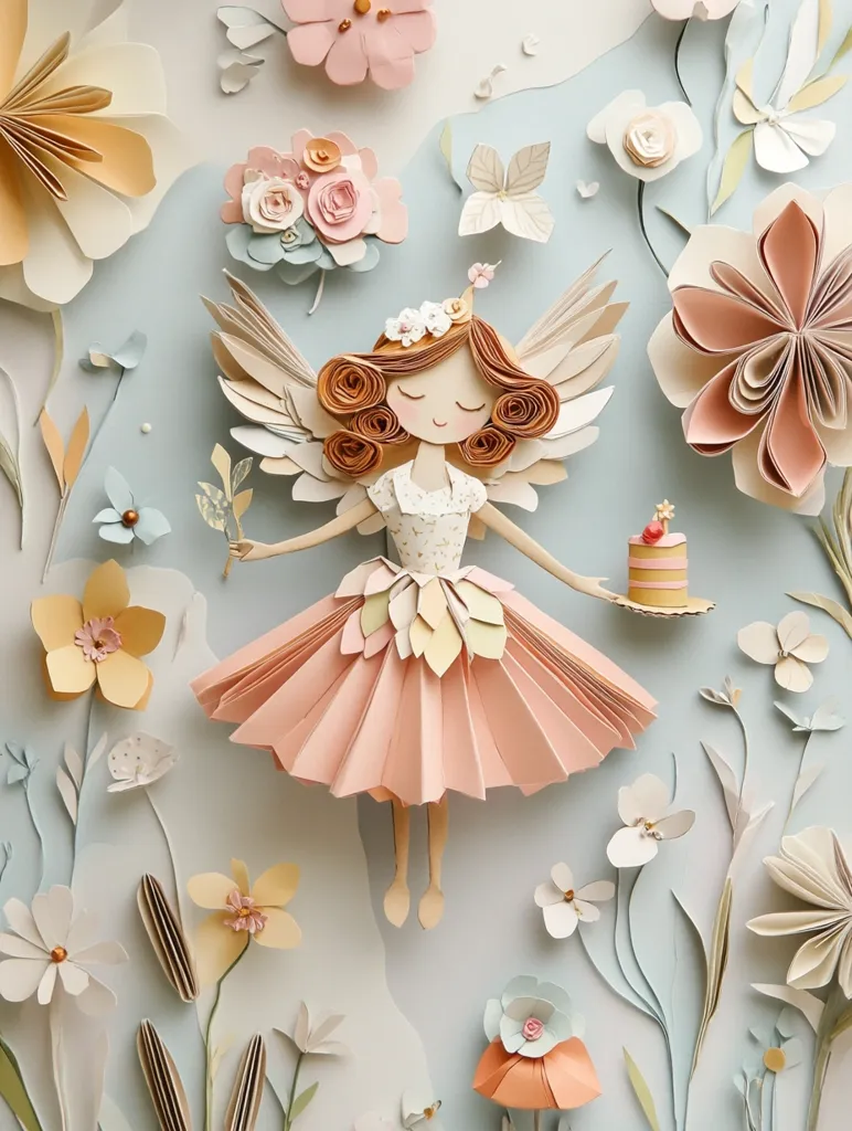 A whimsical papercraft artwork depicts a fairy-like figure with delicate, pleated wings and dress.  She holds a sprig and a small cake, surrounded by meticulously crafted paper flowers and foliage in pastel shades of pink, peach, and yellow.  The scene is set against a light blue background, creating a charming and ethereal composition. The intricate detailing showcases the artist's skill in paper sculpting.
