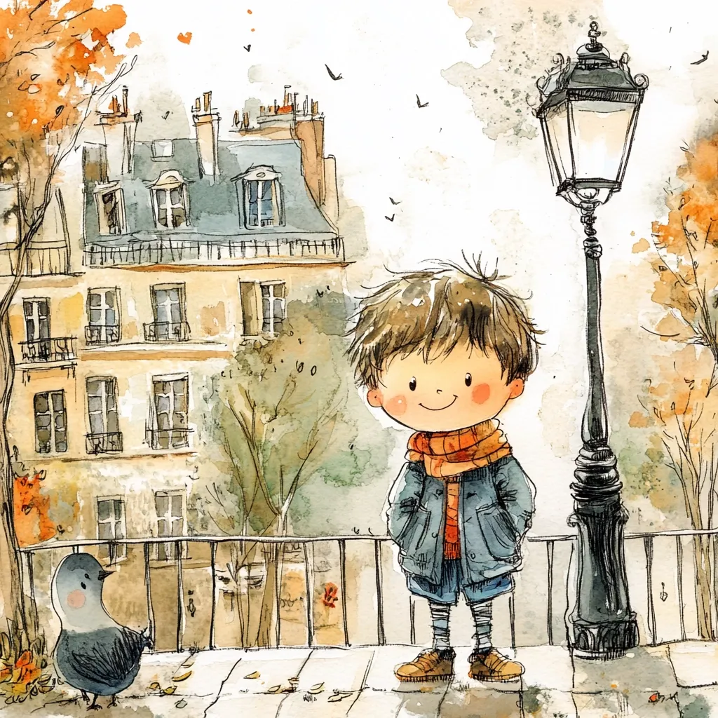 A watercolor painting depicts a smiling boy in autumnal attire standing on a Parisian street.  He's bundled in a blue jacket and orange scarf, next to an old-fashioned lamppost.  A pigeon perches nearby, and falling leaves scatter the ground.  A charming multi-storied building forms the backdrop, showcasing the picturesque Parisian setting.  The style is whimsical and charming.