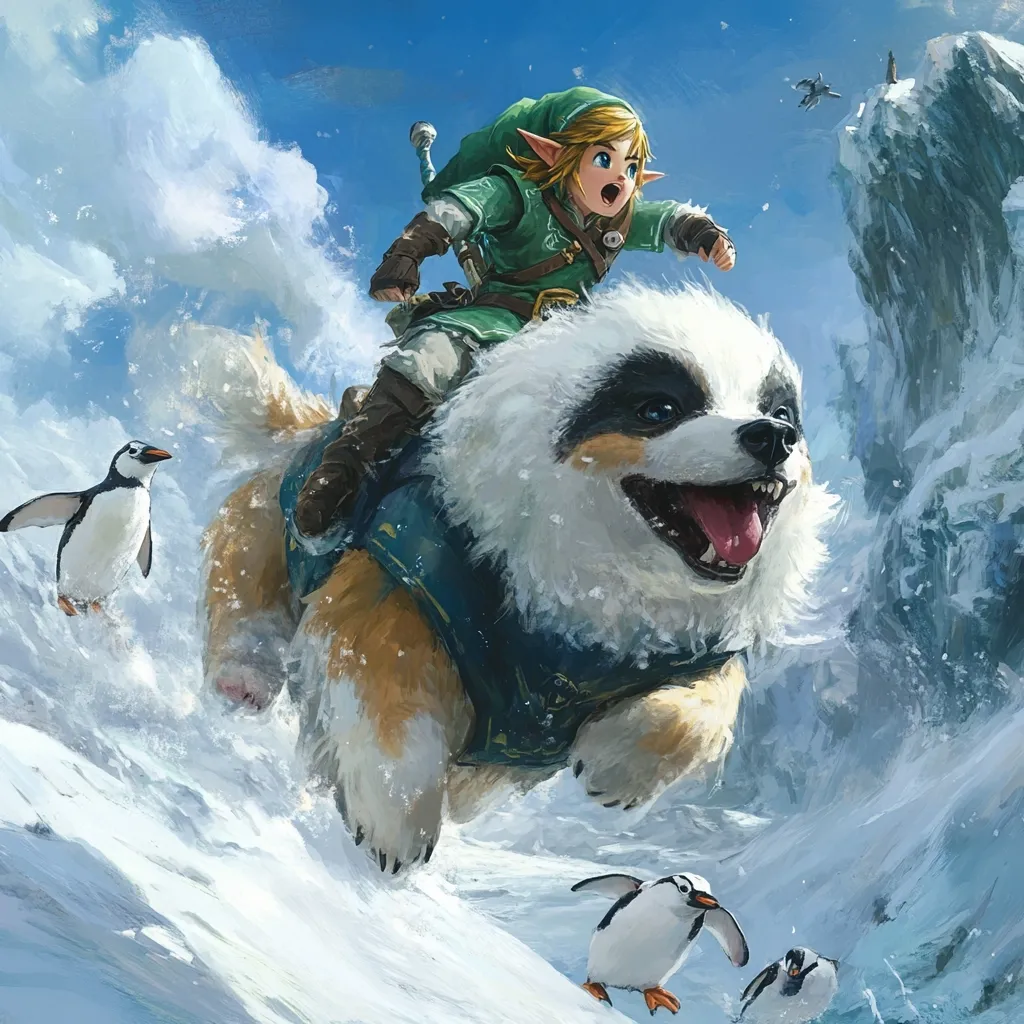 A whimsical illustration depicts Link, the iconic Legend of Zelda character, riding a fluffy, panda-like dog across a snowy landscape.  Three penguins playfully waddle alongside them as they bound through the snow, creating a dynamic and joyful scene.  The backdrop features icy peaks and a clear blue sky, enhancing the adventurous spirit of the artwork.