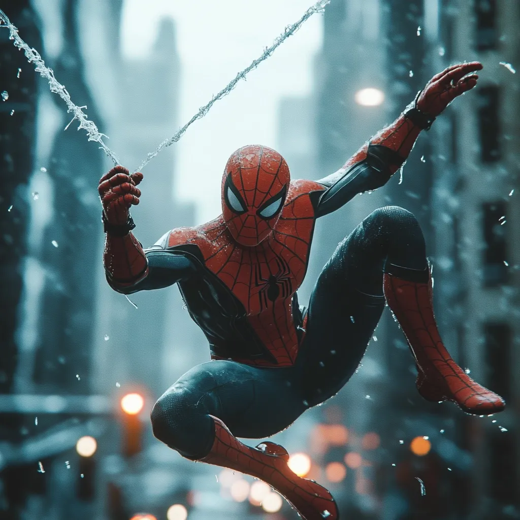 Spider-Man, in his iconic red and black suit, swings through a rain-swept city.  Water droplets cling to his suit as he dynamically leaps between buildings. The background blurs into a bokeh of city lights and rain, emphasizing the superhero's sharp focus and powerful pose.  His web shooters fire, leaving trails of shimmering silk against the grey urban landscape.