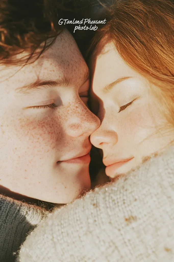 A close-up shot captures a tender moment between a freckled young man and a red-haired young woman. Their eyes are closed, noses touching, nestled together in a cozy embrace.  Sunlight illuminates their faces, highlighting their features and creating a warm, intimate atmosphere.  The image is soft and romantic, emphasizing the connection between the couple.  The text "GTanland Pheasant Photo Lab" is subtly placed in the upper portion.