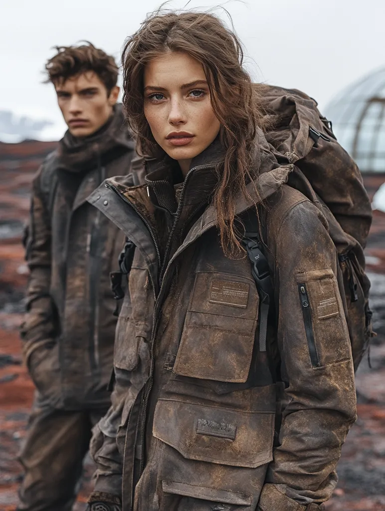A young woman with long brown hair, wearing a heavily textured, brown, multi-pocketed jacket and a large backpack, stands in the foreground.  Behind her, a man in similar attire is partially visible.  Both are dressed in rugged, outdoorsy clothing, suggesting a setting of adventure or exploration in a desolate, rocky landscape. The overall mood is one of resilience and a sense of journey.
