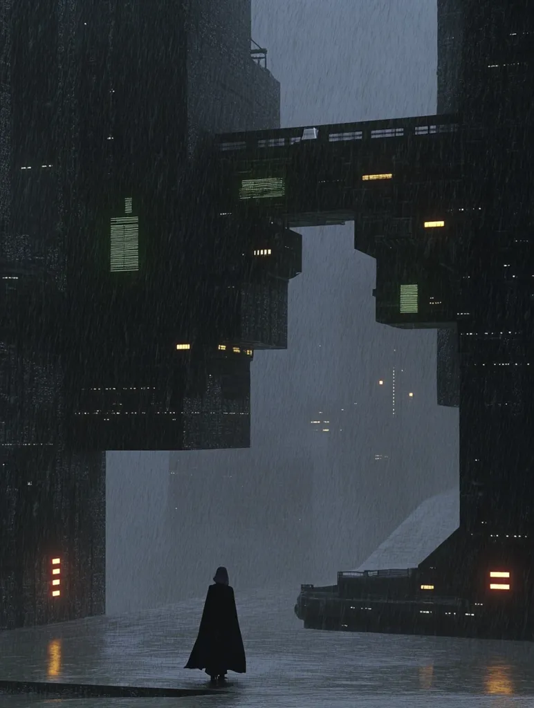 A lone figure in a dark cloak stands on a rain-slicked platform in a futuristic city.  Massive, dark, geometric buildings loom overhead, connected by bridges, under a heavy downpour.  Faint lights punctuate the dark architecture, creating a somber, atmospheric scene. The rain creates reflections on the ground, adding to the desolate yet captivating mood.