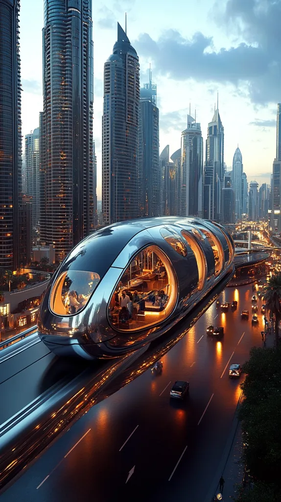 A futuristic, sleek pod-shaped vehicle glides along an elevated track above a bustling city street.  The vehicle's interior is illuminated, showcasing passengers enjoying the ride.  Tall, modern skyscrapers form a dramatic backdrop under a twilight sky, creating a stunning cityscape at night. The scene evokes a sense of advanced transportation technology seamlessly integrated into urban life.