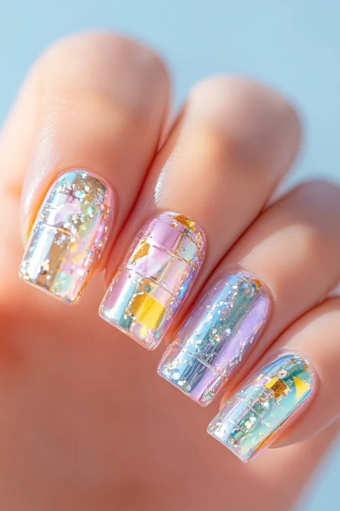 Close-up of a hand showcasing a pastel-toned holographic nail art design. Each nail features a different arrangement of iridescent glitter and foil accents, creating a multicolored, dreamy effect.  The nails are square-shaped and the overall look is delicate and feminine.  The background is softly blurred, drawing focus to the intricate nail design.