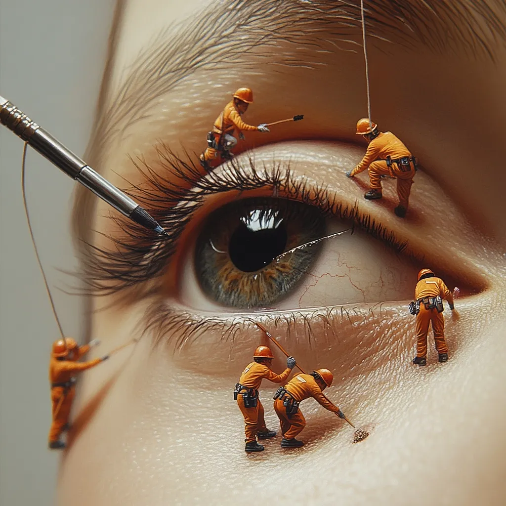 A hyperrealistic close-up depicts a human eye, dramatically enlarged.  Miniature workers in orange overalls meticulously tend to the eyelashes and skin around the eye, using tiny tools and ropes.  A paintbrush hovers above, suggesting the artistic creation of this surreal scene. The contrast between the immense eye and the tiny figures creates a captivating visual paradox.