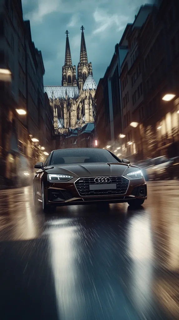 A dark-colored Audi A5 Coupe speeds through a rain-slicked city street at night.  The car's headlights cut through the downpour, illuminating the wet asphalt. In the background, the Gothic spires of a majestic cathedral rise above the buildings, creating a dramatic contrast between modern vehicle and ancient architecture.  The motion blur emphasizes the car's speed and the atmosphere of the scene.