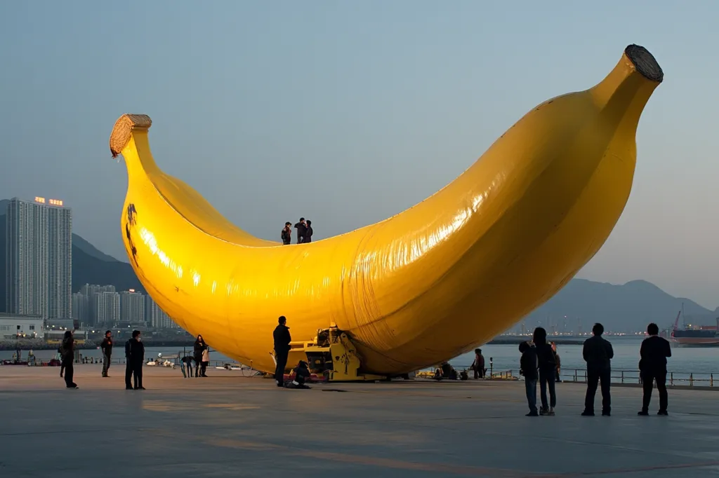 A colossal yellow banana sculpture dominates the foreground, resting on a flatbed vehicle.  Several people are scattered around the massive fruit, some seemingly inspecting its construction. The backdrop features a city skyline and a calm body of water, providing a striking contrast to the unusual artwork.  The scene is captured during the twilight hours, casting a soft light on the scene.