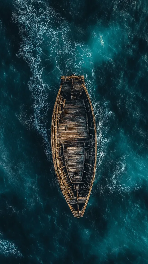 An aerial shot captures a weathered wooden boat adrift on a deep teal sea. The boat, viewed from above, shows its aged wooden planks and simple design.  The surrounding water is textured with small waves and foam, creating a contrast with the boat's still form. The image evokes a sense of solitude and the vastness of the ocean.