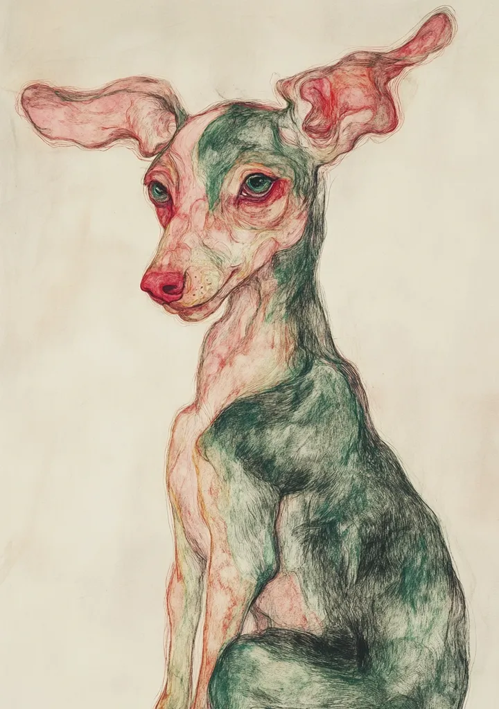 A stylized illustration of a small dog, possibly a chihuahua mix, sits with its large ears extending outwards.  Rendered in a blend of red and green hues, the drawing emphasizes the animal's form through linework and subtle shading. The dog's expression is pensive and slightly melancholic, creating a thoughtful and somewhat ethereal mood. The background is a muted beige, which draws attention to the detailed depiction of the dog.