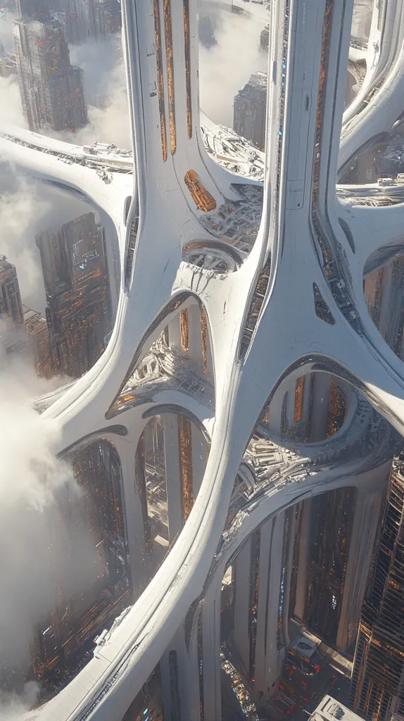 A futuristic cityscape is depicted, dominated by a colossal, white, organically shaped structure.  Curving highways and elevated walkways intertwine around towering buildings, creating a complex network of interconnected pathways.  The scene is partially obscured by a low-lying cloud cover, adding an ethereal quality to the image.  The overall aesthetic is sleek and technologically advanced.