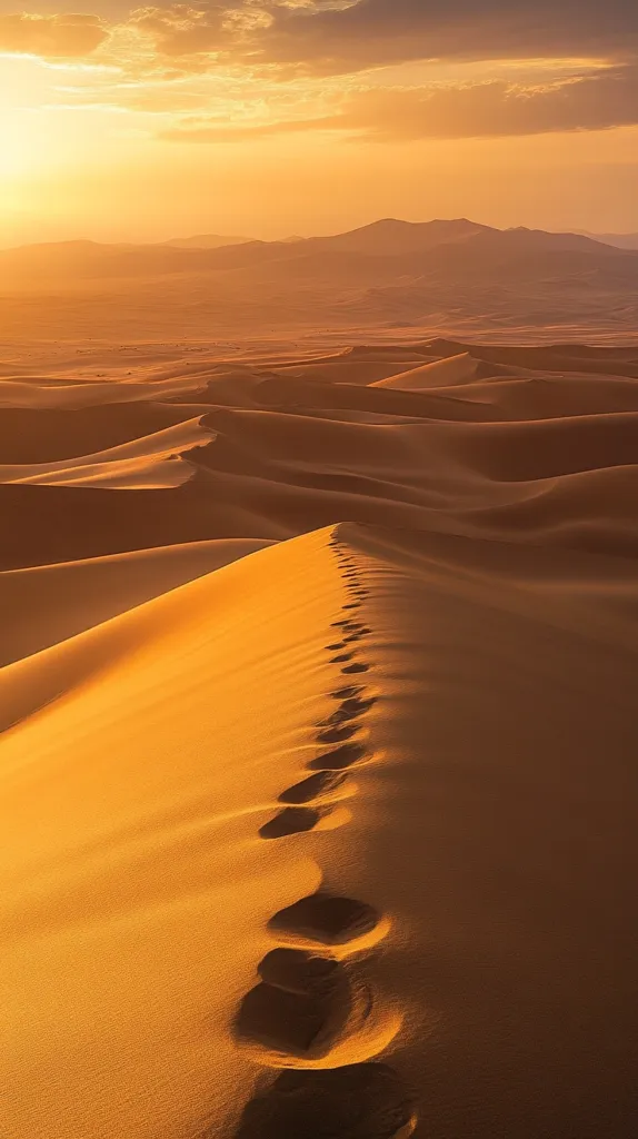 A lone figure's footprints trail across a sun-drenched sand dune, stretching towards a distant mountain range bathed in the golden light of sunset. The vast, undulating desert landscape evokes a sense of solitude and journey.  Warm hues dominate the scene, creating a tranquil and awe-inspiring view.