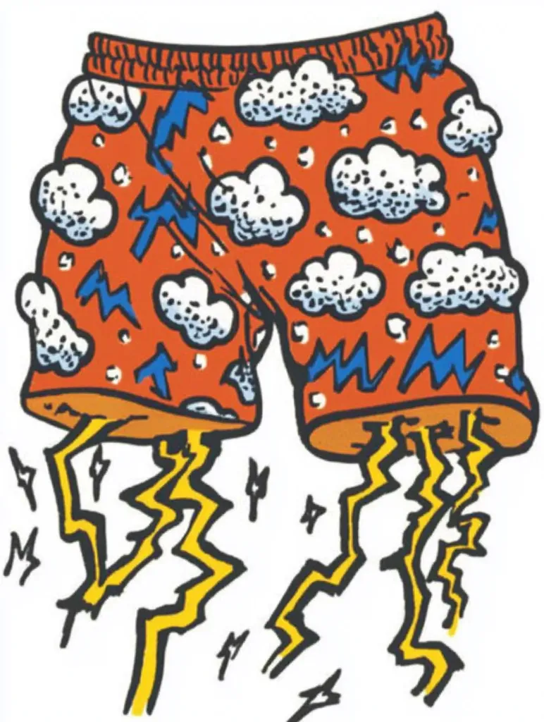 A pair of orange shorts, adorned with a whimsical pattern of white clouds and blue lightning bolts, are depicted.  The shorts are drawn in a cartoonish style, and from their hems, vibrant yellow lightning streaks emanate downwards.  The overall effect is playful and slightly surreal.