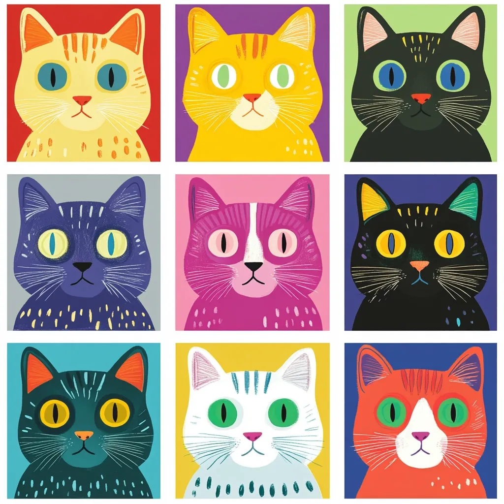 Nine stylized cat portraits are arranged in a 3x3 grid. Each cat is depicted in a bold color against a contrasting background.  The cats have large, expressive eyes and simple features, creating a playful and modern aesthetic.  The color palette is vibrant, using a range of primary and secondary hues.  The overall style is reminiscent of pop art.