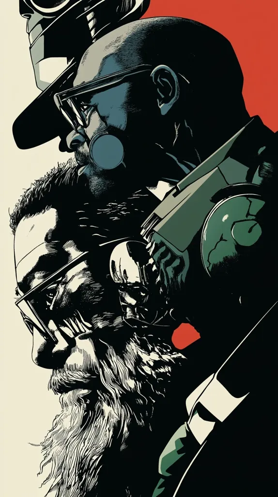 A stylized illustration features three men in profile, their faces partially obscured by shadows and accessories.  The closest figure possesses a long, flowing beard, while the two behind him wear sunglasses and what appears to be protective headgear.  The color palette is predominantly black, white, and shades of green, set against a bold red background.  The style suggests a gritty, possibly cyberpunk or noir aesthetic.