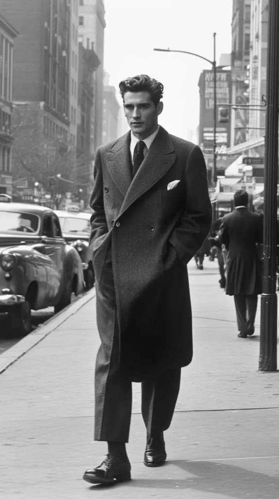 A stylishly dressed man in a long overcoat and suit walks down a city street. His dark hair is neatly combed, and he carries himself with confidence.  Classic cars are parked along the curb, and other pedestrians are visible in the background, suggesting a bustling urban scene of the mid-20th century. The monochrome photograph captures a timeless sense of elegance and style.