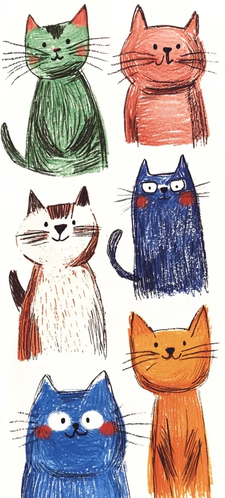 Six stylized cats are depicted in a charming illustration.  Each cat is unique, showcasing a variety of colors and expressions.  The artistic style is childlike, with crayon-like texture and simple lines. The cats are arranged in two vertical rows of three, creating a playful and visually appealing arrangement. The overall feel is cheerful and whimsical.