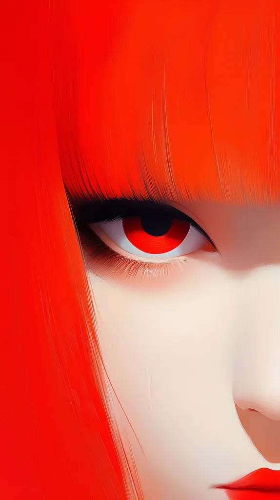 A close-up illustration of a woman's face, focusing on her intense, red eye.  Her vibrant red hair, styled in a blunt fringe, frames her face. The style is reminiscent of anime or digital art, with a smooth, painterly texture and sharp contrasts between the bright red and pale skin tones.  Her expression is serious and captivating.