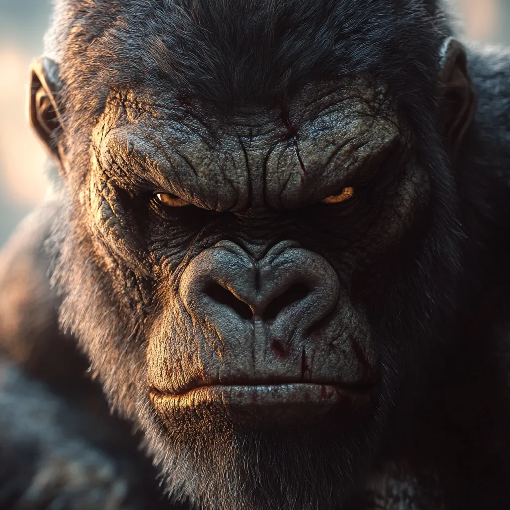 A close-up reveals a powerful gorilla's intense gaze.  Its dark, fur-covered face is etched with wrinkles and faint traces of blood, suggesting recent conflict.  The gorilla's eyes are narrowed, conveying anger or determination. The lighting highlights the texture of its fur and skin, emphasizing its imposing presence.  The overall mood is one of raw power and potential aggression.