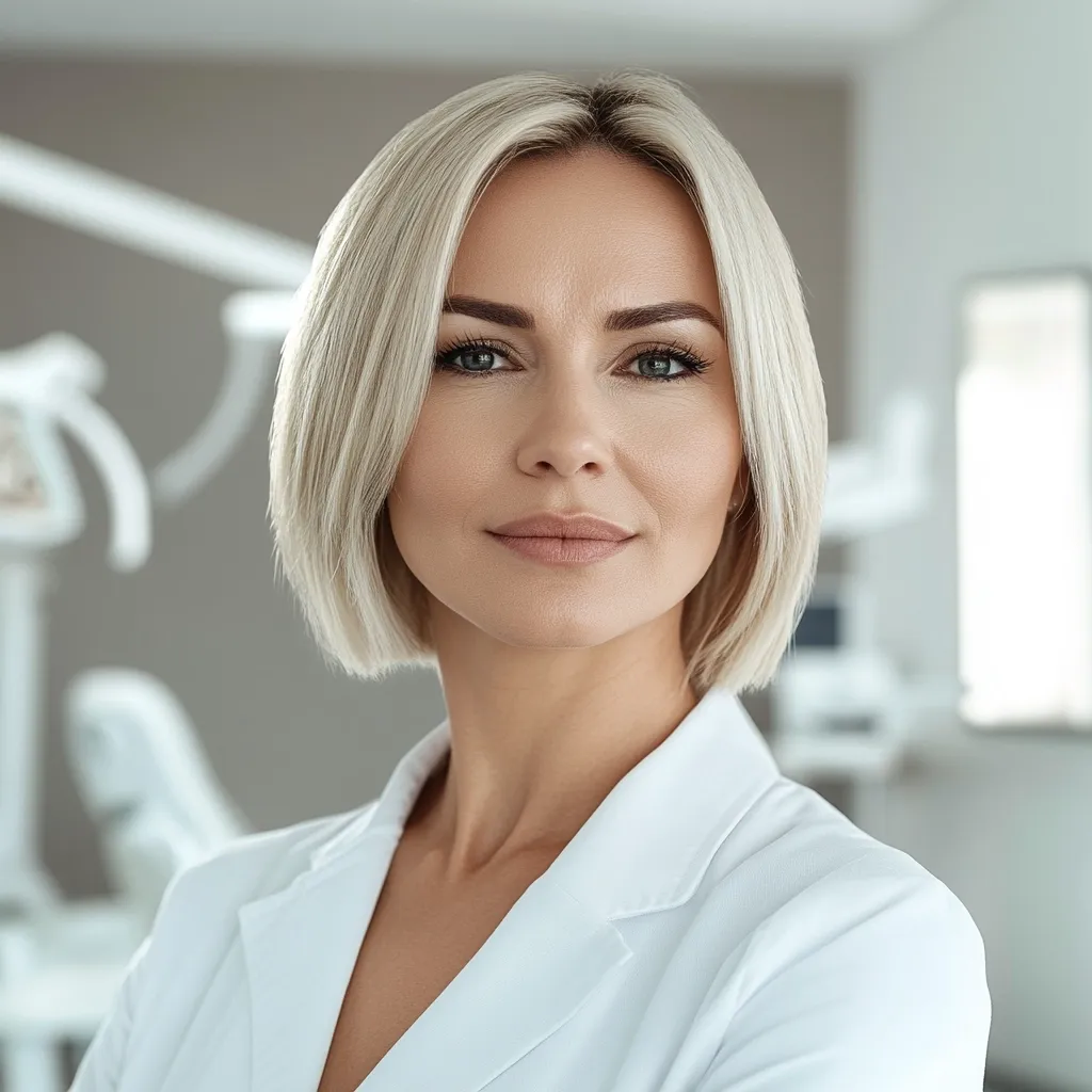 A blonde woman with a bob haircut, wearing a white lab coat, looks directly at the camera with a serious expression.  She appears to be in a medical or dental setting, with blurred background elements suggesting a clinical environment. Her makeup is subtle, highlighting her features. The overall image conveys professionalism and competence.