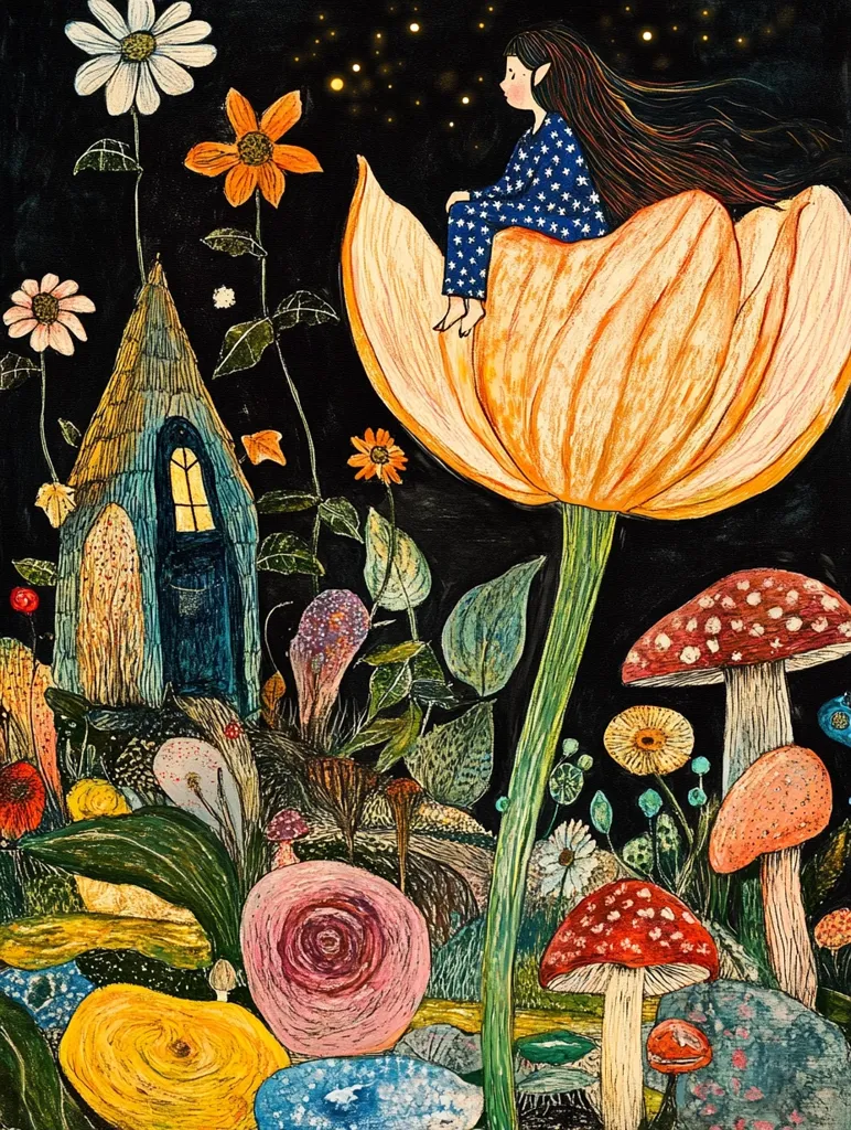 A whimsical illustration depicts a girl in star-patterned pajamas sitting atop a giant orange tulip.  Surrounding her is a fantastical nocturnal garden, complete with a tiny blue house, vibrant flowers, and an array of colorful mushrooms. The scene is set against a dark background speckled with stars, creating a magical, dreamlike atmosphere. The artwork's style is detailed and slightly surreal.