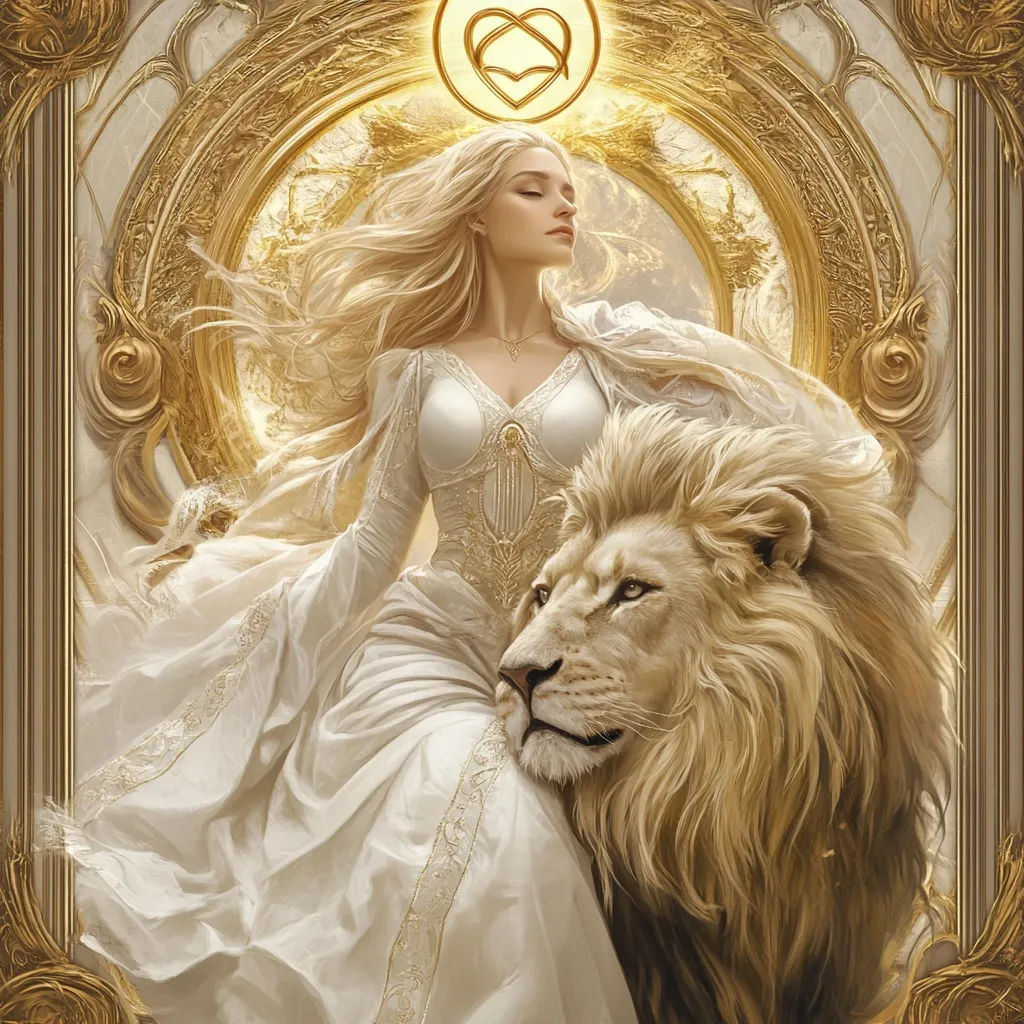 A blonde woman in a flowing white gown sits majestically beside a large, white lion.  Golden ornate detailing frames the scene, with a golden halo above the woman depicting intertwined hearts. The image evokes a sense of ethereal beauty, royalty, and divine connection, possibly allegorical or fantasy-inspired.  The color palette is predominantly gold and cream, creating a luminous and elegant atmosphere.