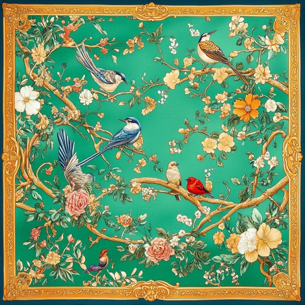 A teal green square textile features a gold ornate border.  Within, a detailed floral arrangement of pink and white blossoms and yellow centers intertwines with intricately rendered branches. Various birds, including blue, red, and beige varieties, are perched amongst the flowers and branches, creating a vibrant and elegant nature scene.  The overall impression is one of luxurious detail and sophisticated design.