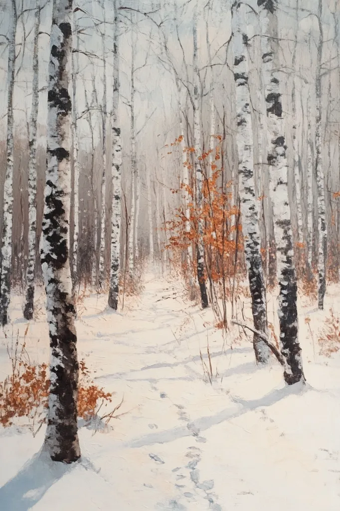 A snowy path winds through a birch forest in a serene winter scene.  The slender, white-barked trees stand tall, their branches reaching towards a pale sky.  Patches of muted orange foliage add a touch of warmth to the cold landscape.  Footprints in the snow suggest a recent passage, adding a sense of quiet movement to the tranquil setting. The overall impression is one of peaceful solitude.
