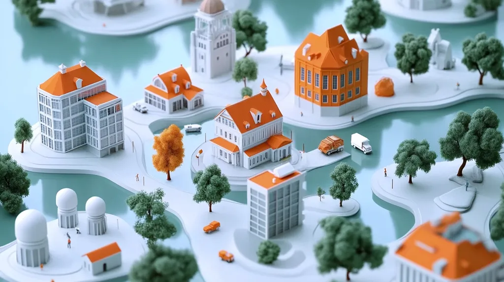 A miniature city scene is depicted, featuring low-poly buildings with orange roofs and white walls.  Small cars and trucks navigate roads winding through stylized parks and around miniature bodies of water.  Trees are represented by simplified, textured forms. The overall style is clean and geometric, creating a charming, idealized cityscape. Tiny human figures add scale and suggest activity within this whimsical setting.