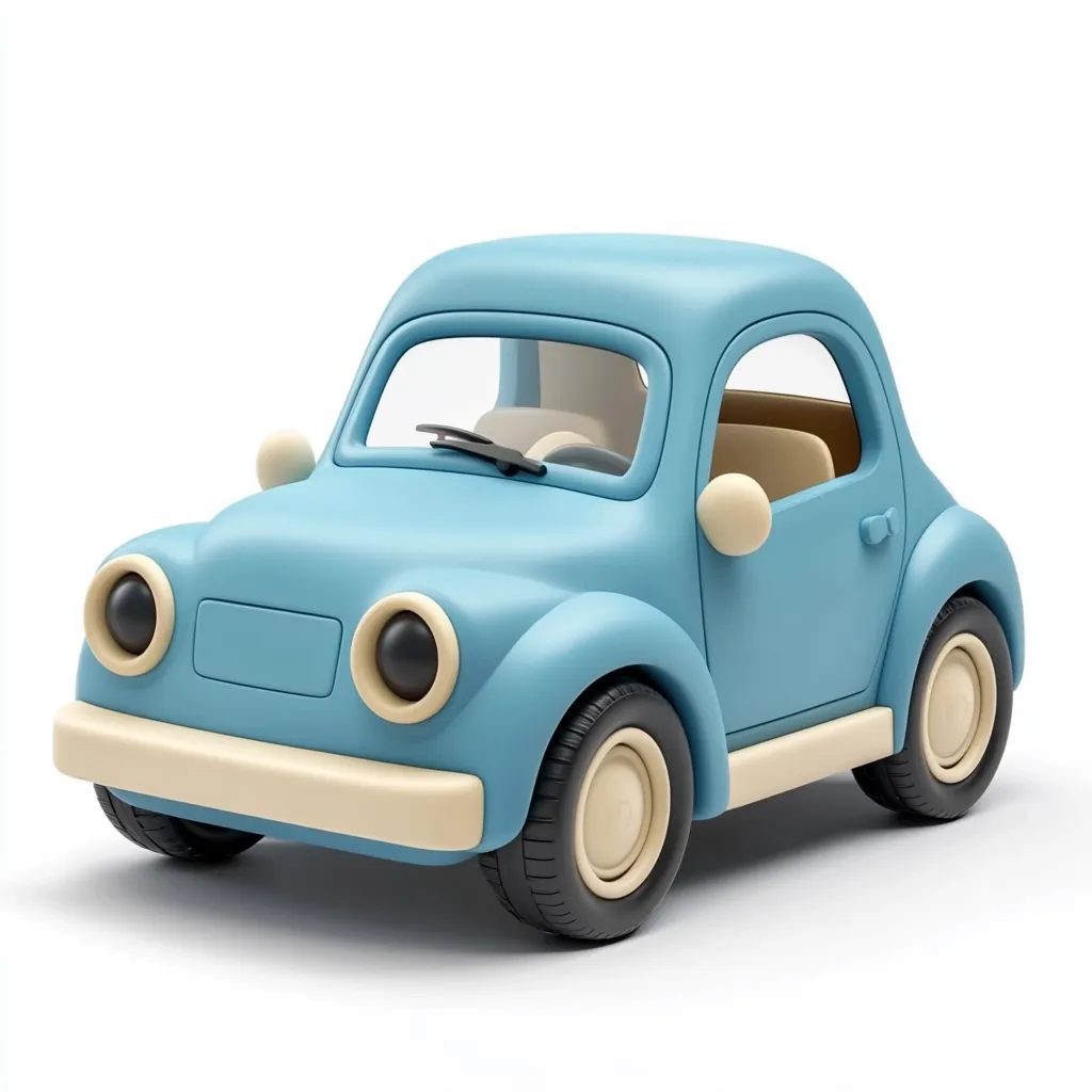 A charming, light blue cartoon-style car is presented against a white background.  Its design features large, expressive headlights, cream-colored bumpers, and simple, rounded details. The car appears small, possibly a toy or digital rendering, suggesting playfulness and innocence.  The image is clean and well-lit, emphasizing the car's smooth, glossy surface.