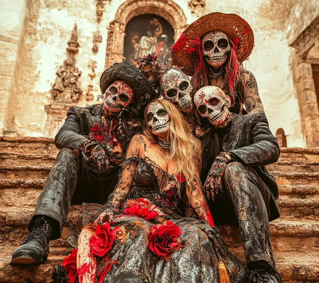 A group dressed in Day of the Dead costumes sits on stone steps before a church.  They wear elaborate skull masks and dark clothing splattered with what appears to be mud or paint, creating a dramatic and gothic effect.  Red roses adorn their attire, contrasting with the dark tones. The setting enhances the somber yet festive atmosphere of the traditional Mexican holiday.