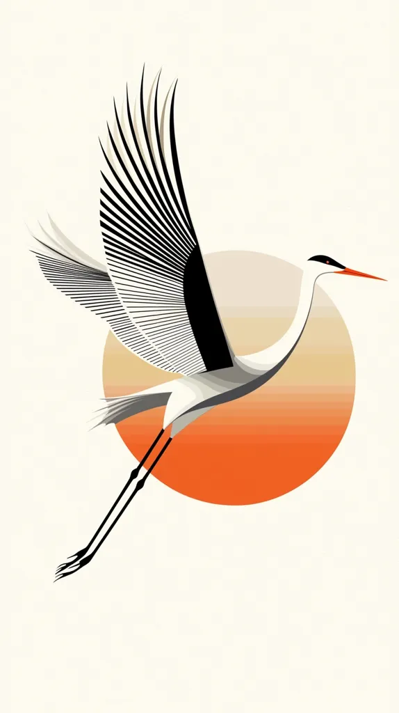 A stylized crane in flight is depicted against a large, circular, orange and beige sun. The crane's wings are rendered with bold black and white lines, creating a graphic effect.  Its body is white and grey, with black accents. The overall style is minimalist and modern, evoking a sense of serenity and grace.