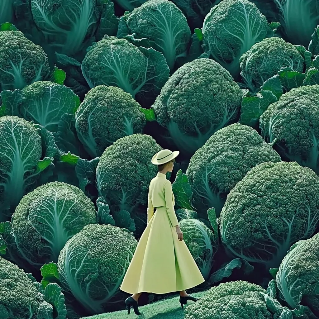 A woman in a pale yellow coat and hat walks through a field of oversized broccoli. The vibrant green broccoli heads fill the frame, creating a surreal and striking contrast with the woman's attire.  The scene is meticulously arranged, suggesting a carefully constructed photograph or artwork. The overall effect is one of unexpected juxtaposition and visual interest.