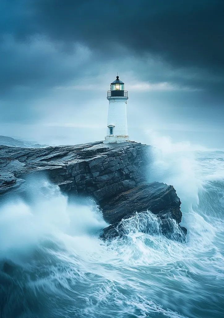 A lone lighthouse stands defiantly on a rocky outcrop, battered by powerful ocean waves.  The stormy sky is a dramatic backdrop to the scene, emphasizing the lighthouse's resilience against the relentless sea.  Its light shines brightly, a beacon of hope amidst the turbulent waters. The image evokes feelings of strength, perseverance, and the enduring power of nature.