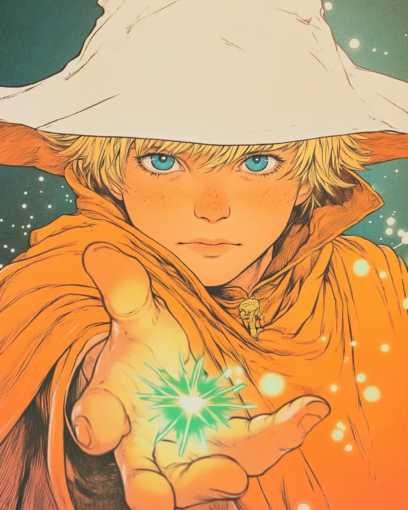 A stylized illustration depicts a young, fair-skinned person with blond hair, wearing a large, white hooded cloak and an orange robe.  Their blue eyes gaze intently as they extend a hand, palm upward, from which a glowing, green, star-like energy emanates.  The background suggests a cosmic or magical setting with subtle speckles of light. The overall style is reminiscent of fantasy art or graphic novels.