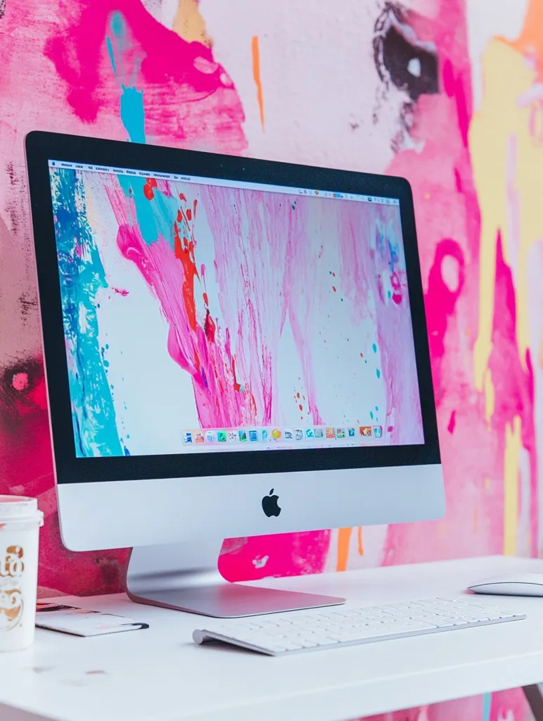 An iMac computer sits on a white desk against a vibrant pink, teal, and yellow abstract art backdrop.  The computer displays a matching abstract desktop wallpaper. A wireless keyboard and mouse are neatly placed beside it. A disposable coffee cup is visible to the left. The overall aesthetic is bright, modern, and creative.