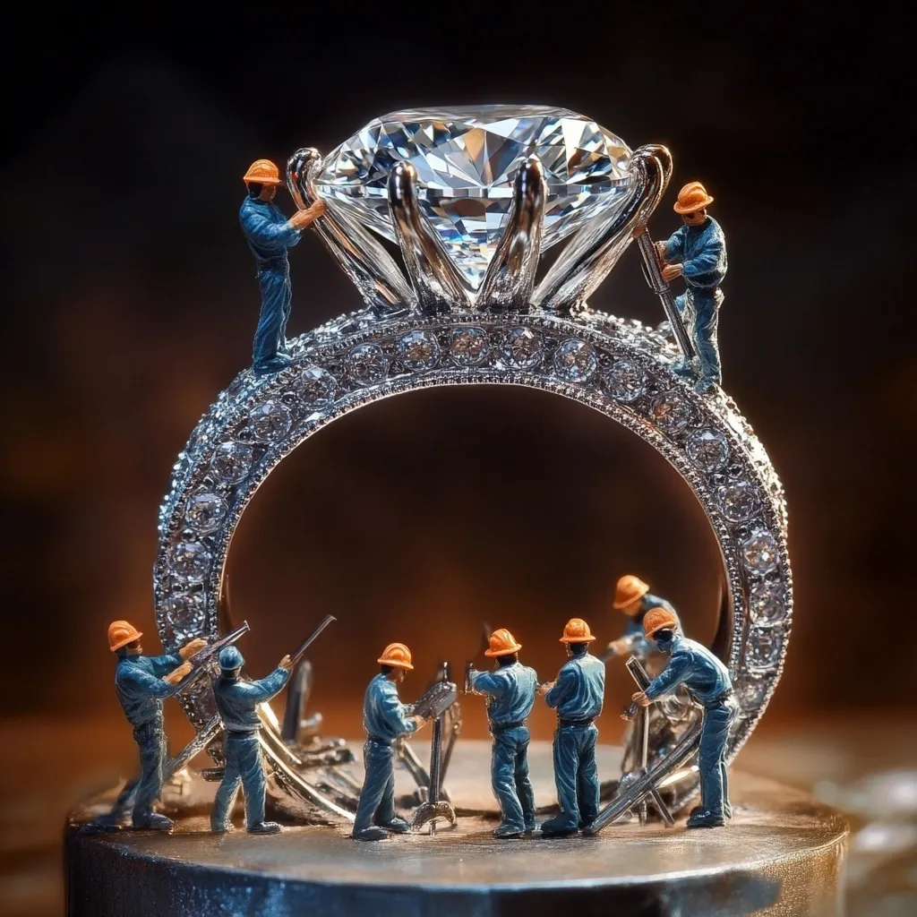 Miniature construction workers meticulously assemble a large, dazzling diamond ring.  Two figures work on the central diamond, while a team below carefully constructs the band's intricate setting.  The scene is dramatically lit, highlighting the exquisite detail of the jewelry and the industrious miniature workers. The overall image is a creative juxtaposition of scale and craftsmanship.