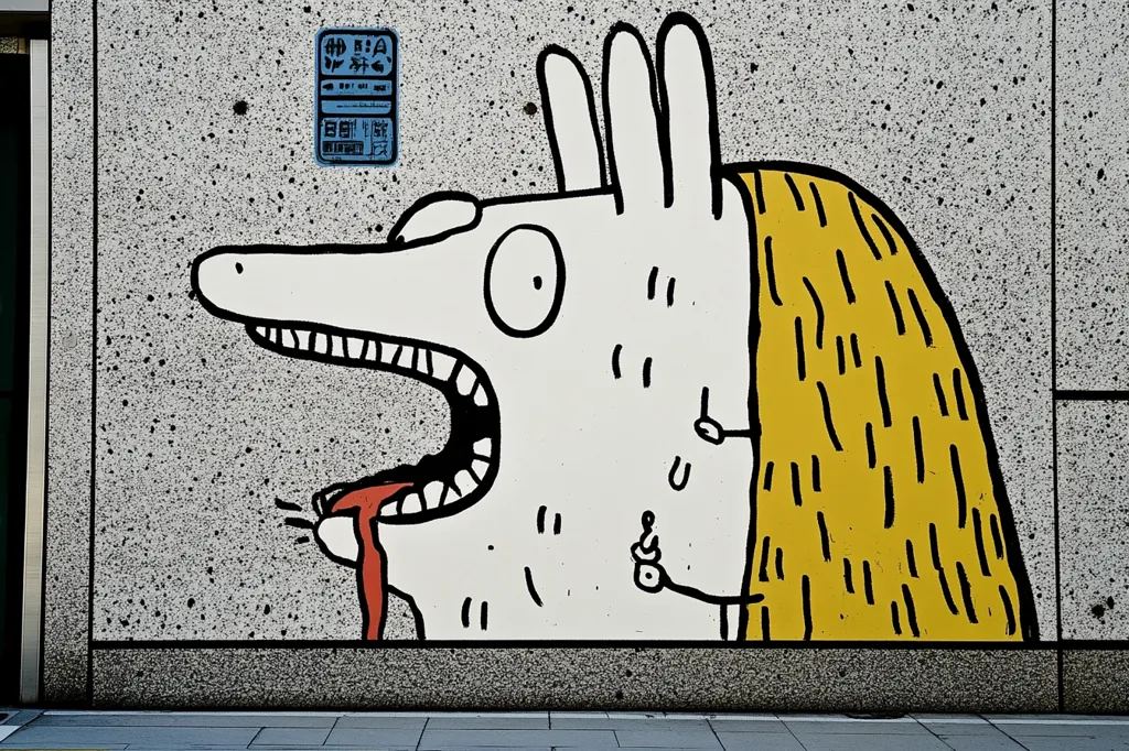 A whimsical cartoon mural adorns a textured grey wall.  The artwork depicts a stylized creature with a large open mouth, long yellow hair, and exaggerated features.  Its expression is one of surprise or shock, with its tongue hanging out.  The style is reminiscent of children's book illustrations, with bold black outlines and simple, flat colors.  A small, rectangular sign with Asian characters is visible on the wall above the creature.